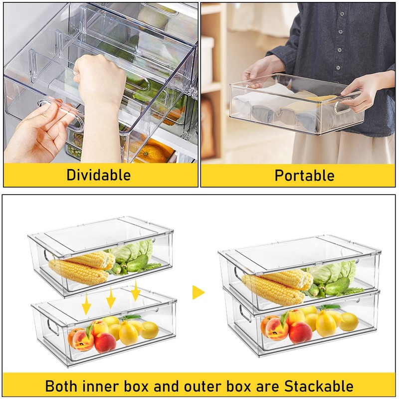 Greenby 4 Pack Refrigerator Organizer Bins with Pull-out Drawer Stackable