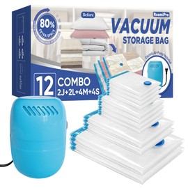 Roomipro Vacuum Storage Bags with Electric Pump, 12 Pack (2 Jumbo/2 Large/4 Medium/4 Small), Space Saver Bags with Pump, Storage Vacuum Sealed Bags for Clothes, Comforters, Blankets, Bedding
