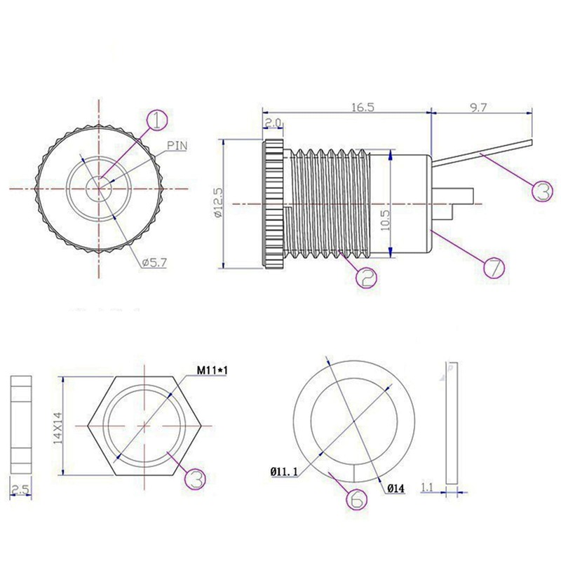 6-Pack 5.5 x 2.1 MM DC Power Jack Socket Threaded
