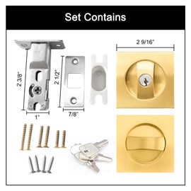 Pocket Door Lock with Key,Privacy Door Hardware Suitable for Bathroom Bedroom etc Recessed 2 Sided, 2 3/8" Backset, Invisible Hardware for 1 3/8” to 2 3/16” Thickness Door (Gold)