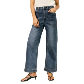 EVALESS Wide Leg Jeans Women High Waisted Stretchy Straight Jean Loose Denim Pants Real Teal Size 14