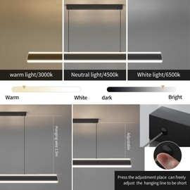 Linear Pendant Lights Kitchen Island, Dimmable LED Chandeliers for Dining Room, Modern Billiard Room Pool Table Light Ceiling Pendant Lamp for Bar Office, Black, Adjustable Height
