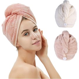 Microfiber Hair Towel Wraps,Hair Drying Towel with Button,Towel Turban, Head Towel- Quick - Drying Hair Turbans in Pink & Beige (2 Pack)
