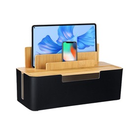 RANJIMA Cable management box, cable organiser box with bamboo lid for hiding and organising cables, socket box, desktop cable management box for mobile phones, tablets, black