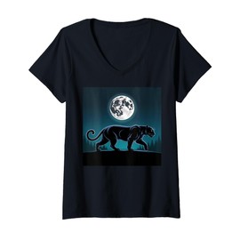 Womens Kids Black Panther Full Moon Trees Sasquatch Black Panther V-Neck T-Shirt