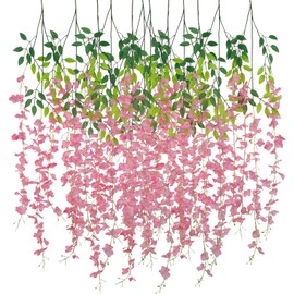 CISDUEO 12 Pack Wisteria Hanging Flowers 3.7 Feet Faux Flowers Hanging Pink Artificial Hanging Flowers Garland Silk Wisteria Vine for Wedding Arch Party Bedroom Backdrop Home Wall Decoration