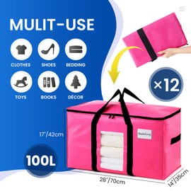 TAILI 12 Pack Pink Extra Large Moving Bags, Heavy Duty Totes with Visible Window, Wrap Around Handles, Space-Saving Storage Solution, Alternative to Moving Boxes