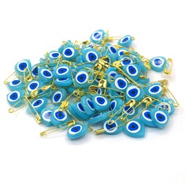 Nazar Boncuk with Safety Pin Evil Eye Lucky Charm Talisman Heart Blue Eye Evil Eye for Giving as a Party Bag for Birth Christening Wedding (Turquoise Blue) Pack of 100