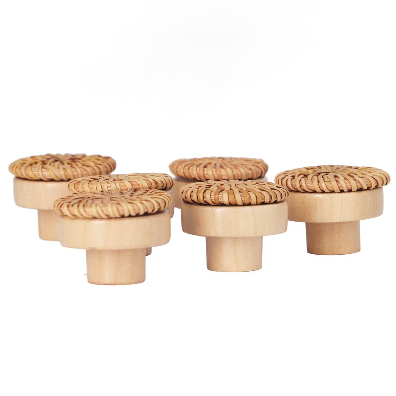 6pcs Round Drawer Knobs Wood Rattan Woven Handmade Drawer Pulls