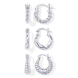 PAVOI Rhodium Plated Sterling Silver Posts 3 Pairs Rope Twisted Hoop Earrings Set | Three Chunky Huggie Hoop Pack | Earscape for Women 14mm 13mm 10mm