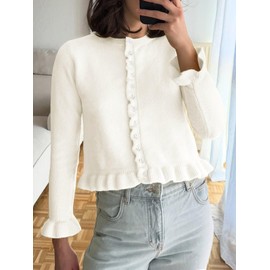 Saodimallsu Womens Ruffle Cardigan Sweaters Button Up Crew Neck Long Sleeve Cropped Sweater Cute Soft Knit Tops White