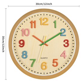 Foxtop Silent Kids Wall Clock Non-Ticking Battery Operated Colorful Childrens Clock for Classroom Playroom Nursery Bedrooms Kids Room (3D Numbers, 12 inch)