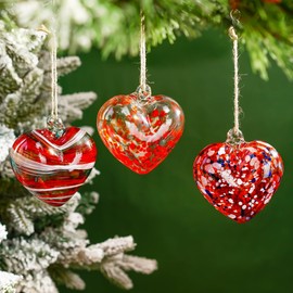3Pcs Glass Blown Heart Ornaments 3.9in Hanging Heart Garden Ornaments Outdoor Christmas Hanging Glass Heart Ornaments for Christmas Decor