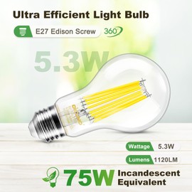 DiCUNO Edison LED Bulb E27, Classic Ultra Efficient Bulb, A Label, 5.3 W, Replacement for 75 W Bulb, Warm White 2700 K, 1120 lm, 360°, Clear, Energy Efficiency Class A, A60 LED Bulb, Pack of 2