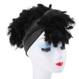 Curly Gray Headband Wigs for Black Women with Bangs, Short Headband Wrap Wigs 2 in 1, Synthetic Afro Kinky Curly Black Turban Wig with Wrap Attached for Daily Leisure
