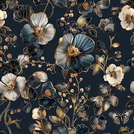 Livelynine Blue and Gold Wallpaper Peel and Stick Navy Blue Floral Wall Paper Modern Vinyl Wall Art 17.5x78.8 Deep Dark Blue Gold White Dainty Vintage Floral Contact Paper for Cabinets Walls Removable