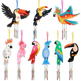 Fennoral 9 Pack Wind Chime Kit for Kids Make Your Own Tropical Birds Wind Chime Wooden Arts and Crafts for Girls Boys DIY Paint Birds Craft for Hawaii Summer Art Activity Aloha Party Decoration