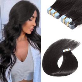 Sunfly Tape in Hair Extensions Human Hair 50g 14 Inch #1B Natural Black Tape In Extensions 20pcs