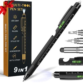 Gifts for Men, 9 in 1 Multitool Pen Set - LED Light, Touchscreen Stylus, Ruler, Level, Bottle Opener, Phillips Screwdriver, Flathead, and Ballpoint Pen - Birthday Gifts for Men, Dad, Husband (Silver)