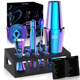 IOV Cocktail Shaker Set: 12-Piece Mixology Bartender Kit Bar Set | 18oz & 28oz Boston Shaker Drink Mixing Tools for Home with Recipe Booklet and Stand | Fun Housewarming Gift (Rainbow)