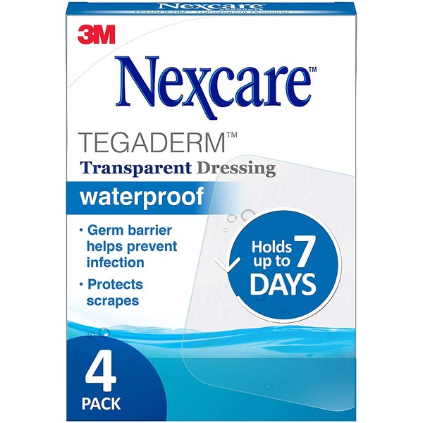 Nexcare Tegaderm Waterproof Transparent Dressing, Film, Provides protection to minor burns, cuts, blisters and abrasions, 4 Ct, 4 In X 4-3/4 In