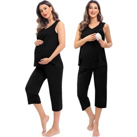SWOMOG Double Layers Labor/Delivery/Nursing Maternity Pajamas Capri Set Sleeveless Adjustable Size for Pregnancy Postpartum Black