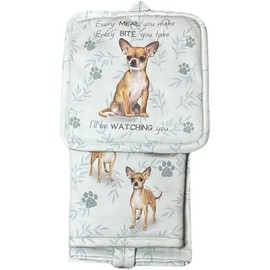 Chihuahua 3-Piece Kitchen Set - Oven Mitt, Pot Holder & Kitchen Towel Set, Heat Resistant up to 420 F, Soft Quilted Cotton for Cooking, Baking, BBQ, Pet Lover Gifts (Chihuahua tan)
