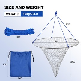 Bridge and Pier Fishing Net, Drop Net Portable Cast Pier Net for Fishing Saltwater Freshwater, Collapsible Basket with 33 FT Rope