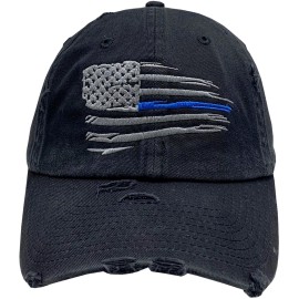 Peerless Embroidery Distressed Blue Line Flag Vintage Buckle Back Hat