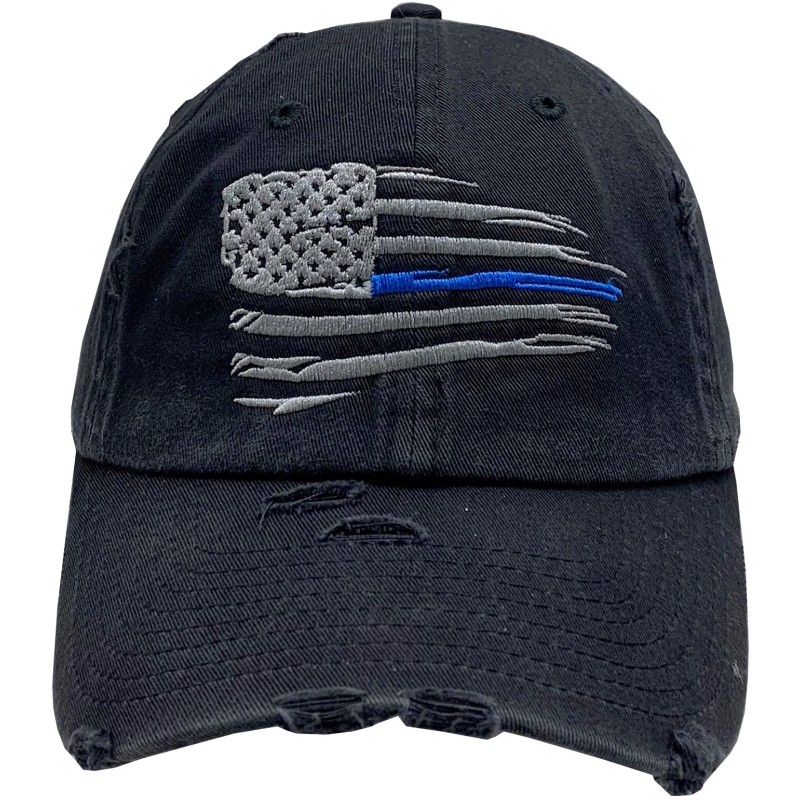 Peerless Embroidery Distressed Blue Line Flag Vintage Buckle Back Hat