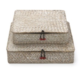 DECRAFTS Whitewash Seagrass Storage Basket Bins with Lid Rectangular Woven Shelf Baskets
