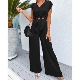 PRETTYGARDEN Women's Summer 2 Piece Outfits 2024 Cap Sleeve V Neck Belted Crop Tops Wide Leg Pant Sets Casual Tracksuit(Solid Black,X-Large)