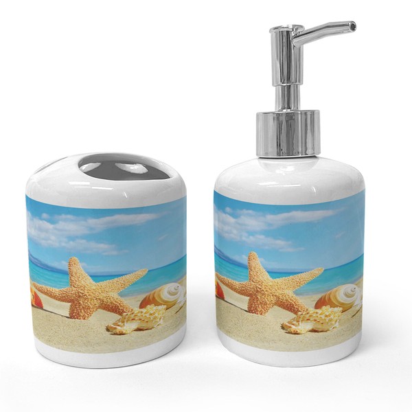 Ambesonne Seashells Soap Dispenser & Toothbrush Holder Set, Summer Beach