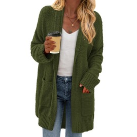 KIRUNDO Cardigan Sweaters for Women 2025 Fall Chunky Fuzzy Knit Open Front Loose Long Sleeve Sweater Coats Winter Clothing(Army Green, Large)