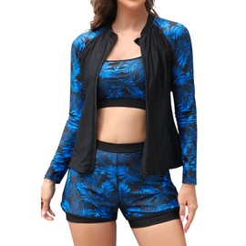 SHEKINI Women's 3-Piece Zip Rash Guard Swimsuits with Tank Bikini Top for High Waist Boyshort, Blue Leaves on Black
