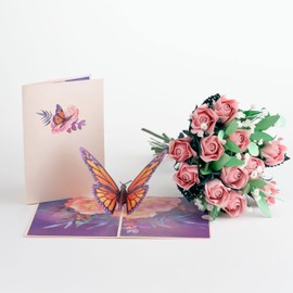 Lovepop Handcrafted Paper Flowers: Pink Roses (12 Stems) with Monarch Butterfly Pop-Up Card - Unique 3D Floral Bouquet with Greeting Card