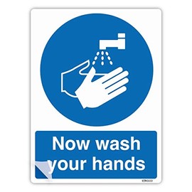 PREMIUM LAMINATED Now Wash Your Hands Sign, A5 210x148mm Vinyl Sticker, Mandatory Kitchen Safety Signs