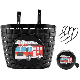 YeloYolker Boys Bike Basket with Bell, Cute Bicycle Front Handlebar Basket for kids, Toddlers, Plastic Scooter Basket(Fire Truck)