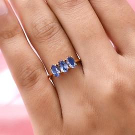 TJC Tanzanite Trilogy Ring In Yellow Gold Plated 925 Sterling Silver for Women Size R Prong Setting Blue Coloured December Birthstone