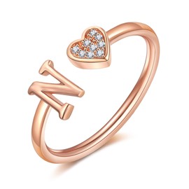 FUNEIA Heart Ring with Letters Women Gold Silver Rose Gold Adjustable Initial A-Z Zirconia Finger Ring Stacking Ring Waterproof Letter Ring Jewellery Girls Gift Box, Non-precious metal
