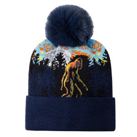 NU TRENDZ Womens Mens Winter Knitted Beanie Hat with Faux Fur Pom, Unique Big Foot Sasquatch Chunky Beanie Hat Cuffed, Soft Pom Pom Warm Skull Ski Cap Navy
