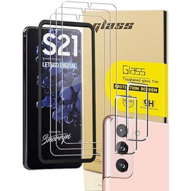 [3+2 Pack] Galaxy S21 Screen Protector Include 3 Pack Tempered Glass Screen Protector [with Installation Frame] + 2 Pack Tempered Glass Camera Lens Protector, HD, 9H Hardness, Bubble Free, Anti-Scratch