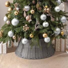 GRANNY SAYS Christmas Tree Collar, Waterproof Wicker Tree Collar, Woven Tree Collar for Holiday Decoration, Christmas Tree Box Collar, Decorarive Basket Tree Collar, 22½" Diameters, Gray