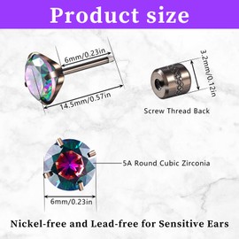 2 Pairs Titanium Stud Earrings Set Titanium Earrings Women's Medical Stud Earrings for Sensitive Ears Screw Back Hypoallergenic Stainless Steel Stud Earrings Zirconia Earrings Moonstone Opal Small