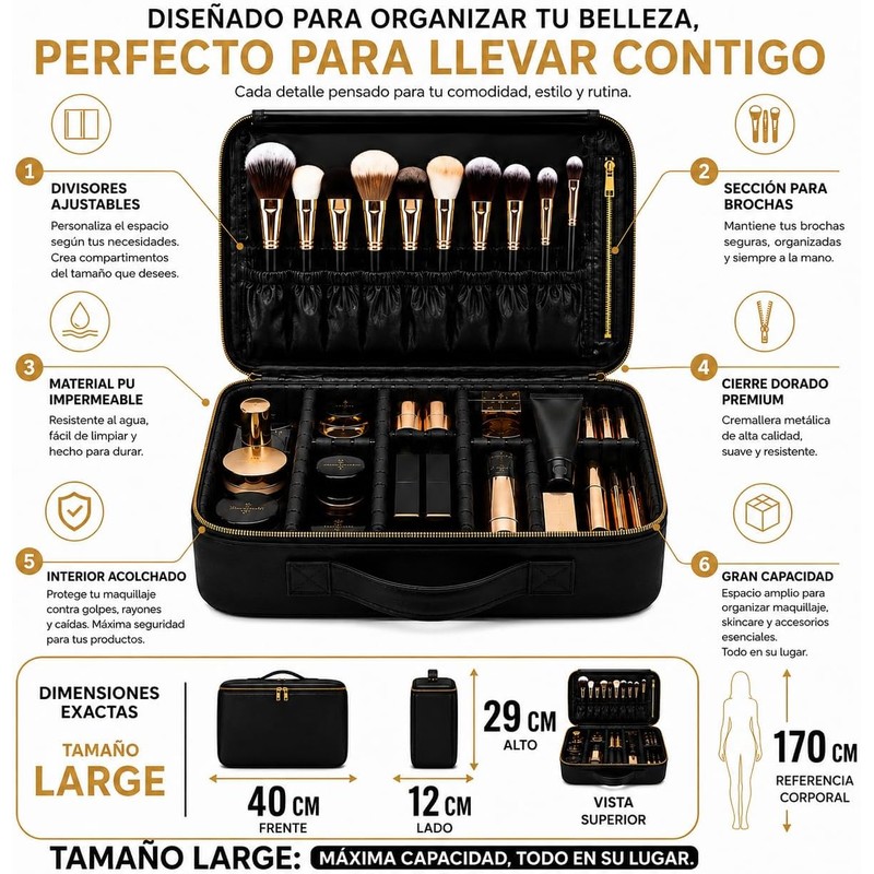 Organizador de Maquillaje Large con Divisores Ajustables, Compartimento para Brochas,
