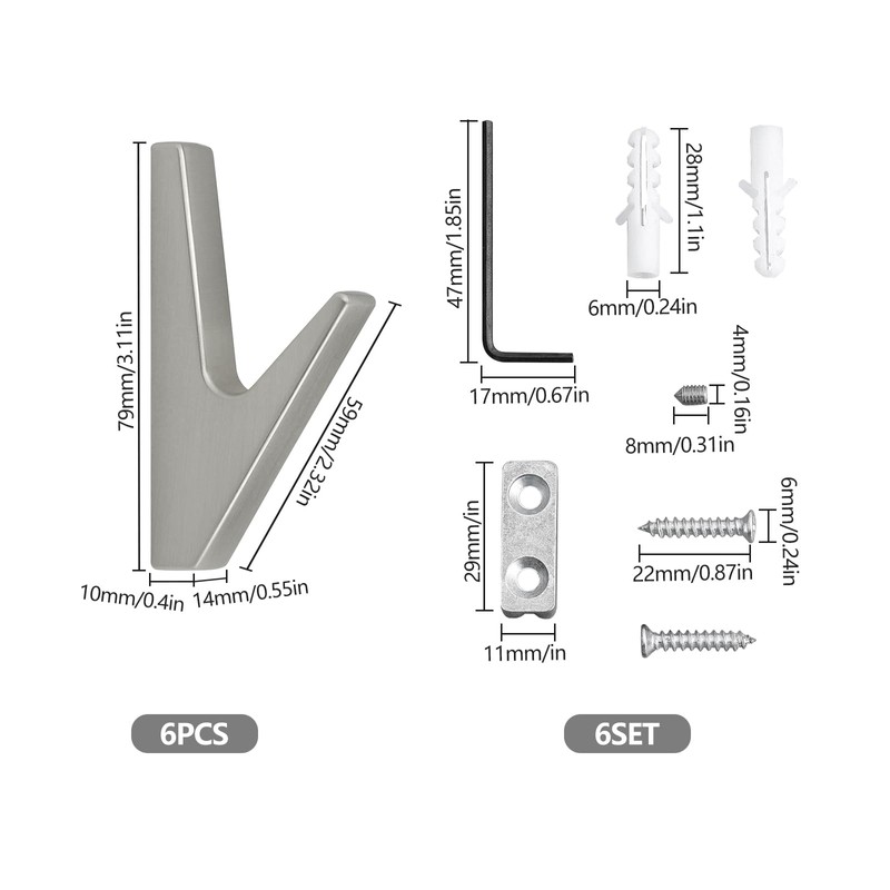 JINTANG 6 Set Coat Hooks wall Mounted,Black Coat Hooks for