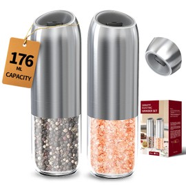 CIRCLE JOY Gravity Electric Salt and Pepper Grinder Set Battery Powered Stainless Steel Pepper Mill Grinder with 176ml Container, Adjustable Coarseness, Bright LED Light and One Hand Operation, Silver