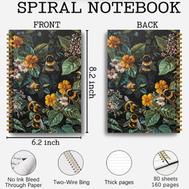 Guymn Bee Notebook Journal, William Morris Floral Notebook Journal for Women, Bee Gifts for Women, Bumble Bee Gifts, Cottagecore Dark Academia Journal Notebook, Spiral Notebook 5.5x8.3 Inch