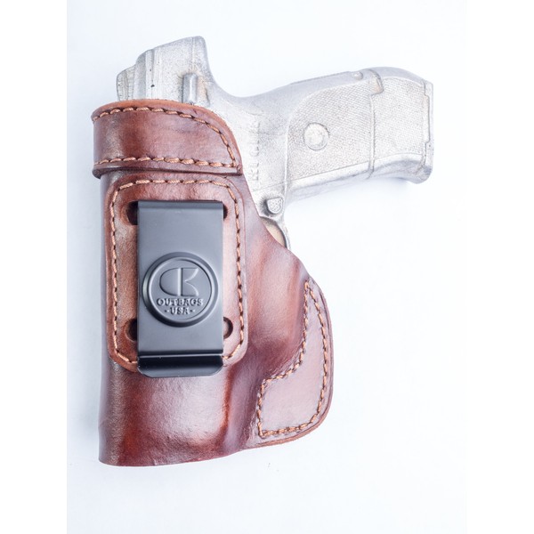 OUTBAGS USA LS2SRC (Brown-Left) Full Grain Heavy Leather IWB Conceal Carry Gun Holster for Ruger SR9c 9mm & SR40c .40S&W. Handcrafted in USA.