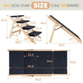 MEWANG Wood Pet Stairs & Ramp for Small/Medium Dogs and Cats, Aging Pets – 3-in-1 Foldable, Portable, Non-Slip Pet Ladder for Tall Beds, Couches,Cars–Holds Up to 220 lbs (31.5" L x 17.2" W x 25.0" H)